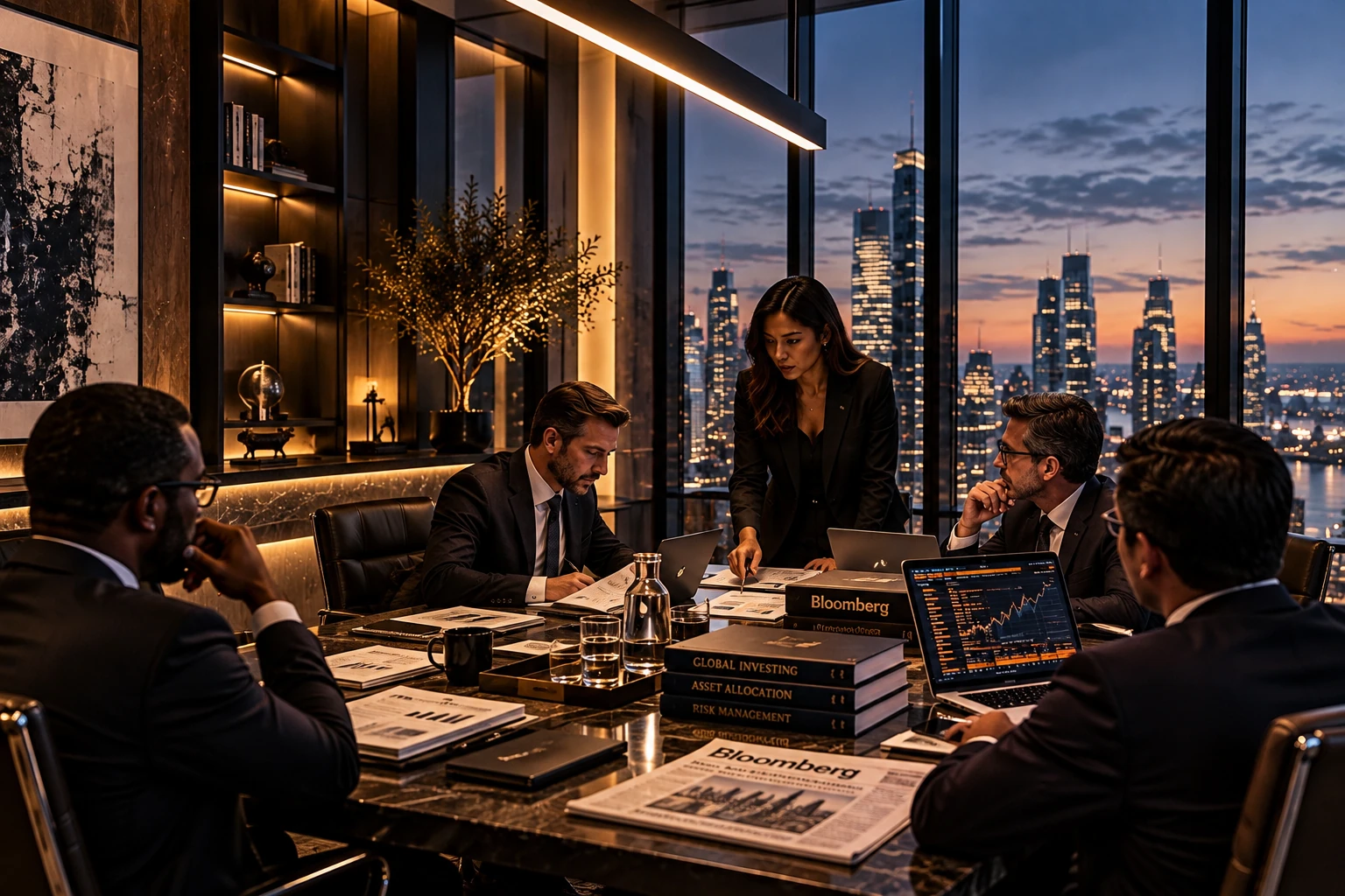 Portfolio managers reviewing global markets in a private investment office