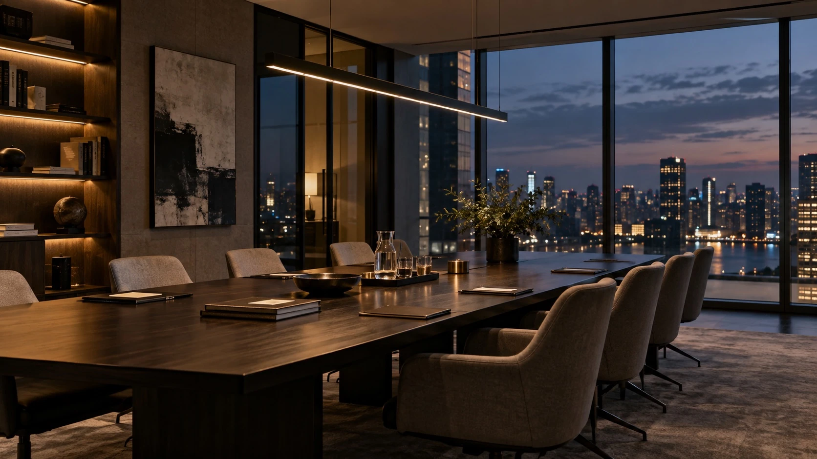 An unoccupied private meeting room overlooking a city at dusk